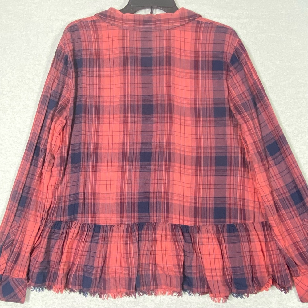Vince Camuto Plaid Peplum Blouse Women's M Red Blue Frayed Hem Long Sleeve Flowy - Picture 10 of 15